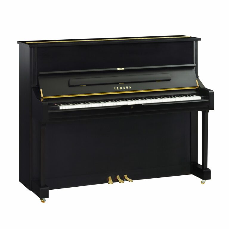 A sleek black Yamaha U1SH3 silent upright piano with gold-colored pedals and hardware, shown against a plain white background.