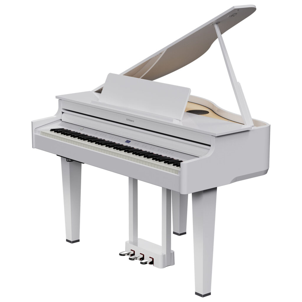 Angled side view of the Roland GP-6 Polished White showing the internal acoustic-style soundboard and compact frame.