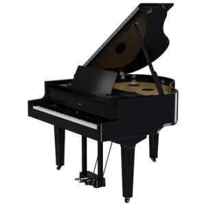 Front angled view of the Roland GP-9 Polished Ebony highlighting the premium interior soundboard and professional grand scale.