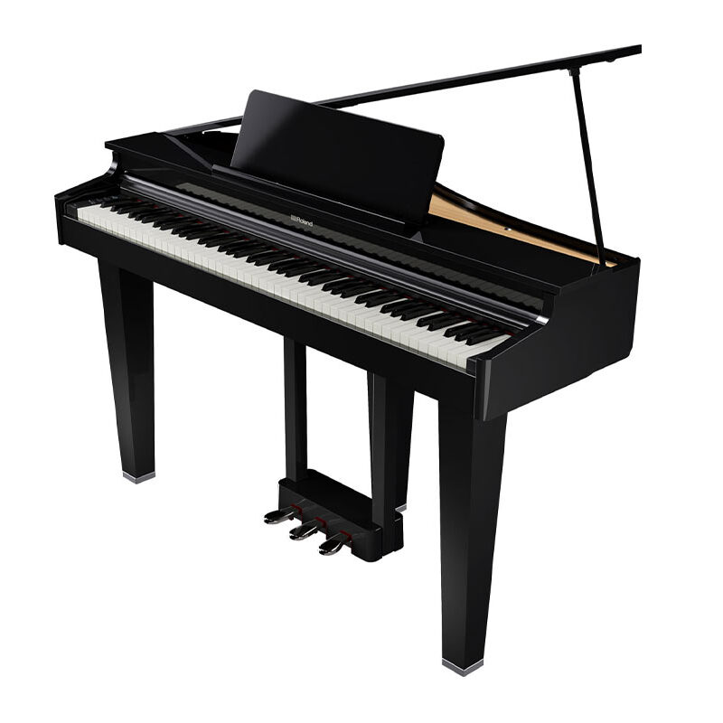 Roland GP-3 Polished Ebony micro-grand piano with modern slim depth, integrated control panel, and low profile.