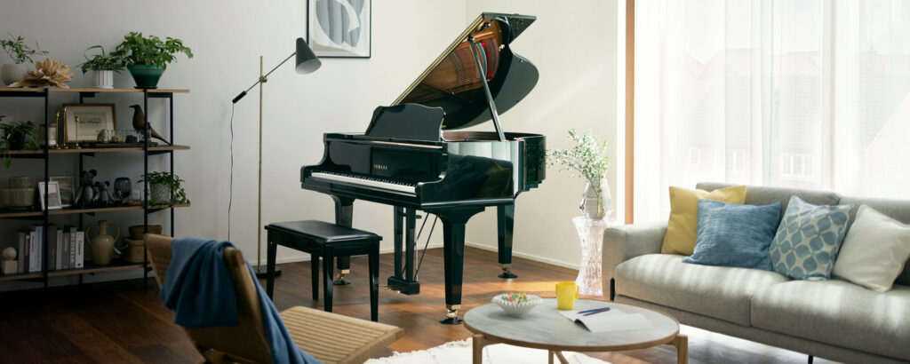 yamaha gcb baby grand piano on display in a room